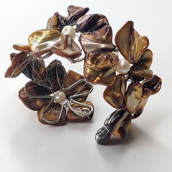 Brown Cuff Bracelet Freshwater Pearl and Mother Of Pearl Bangle NEW - Picture 4 of 9